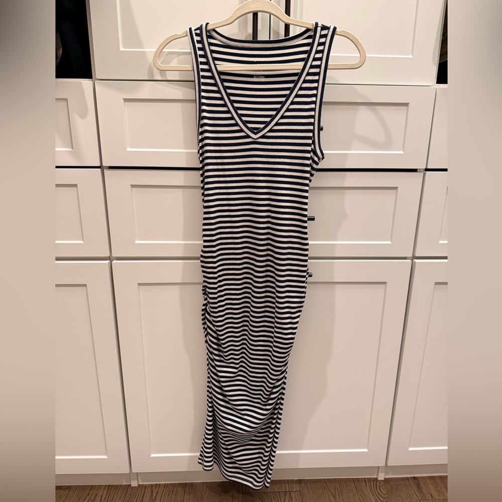 a new day Navy & White Striped V‑Neck Ruched Rib Knit Dress